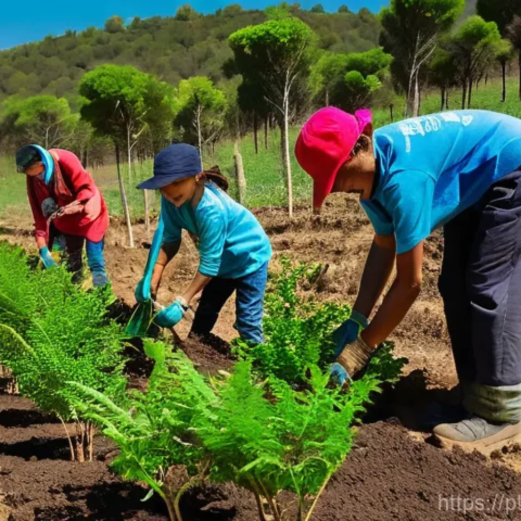 효과적인 서식지 회복 프로젝트 사례 - **Prompt 1: Community Reforestation in Portugal**
"A vibrant, wide-angle photograph capturing a ...