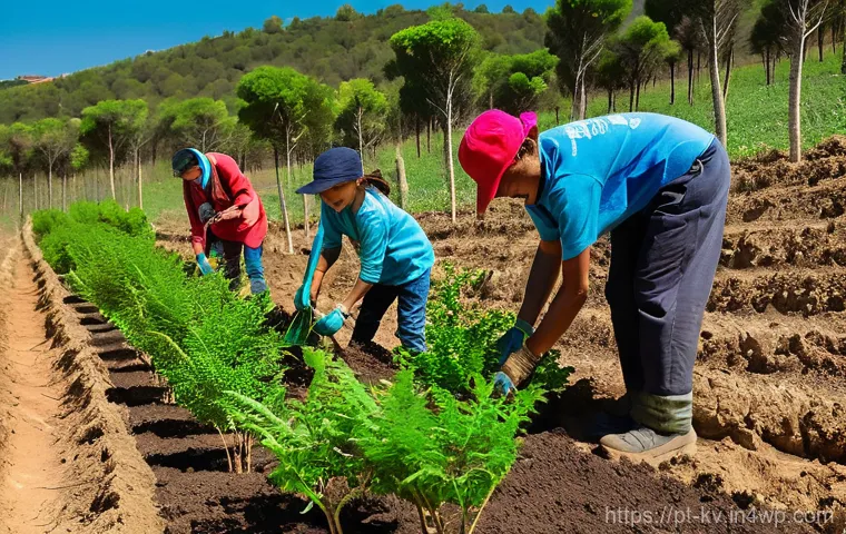 효과적인 서식지 회복 프로젝트 사례 - **Prompt 1: Community Reforestation in Portugal**
"A vibrant, wide-angle photograph capturing a ...