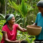 Home 20 서식지 회복에서의 문화적 요인 - A vibrant scene of a traditional Brazilian coastal community in Bahia engaged in a native tree refor...
